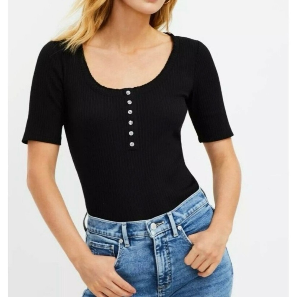 NWT  LOFT  Black Ribbed Pointelle Henley  Buttons Top - XS